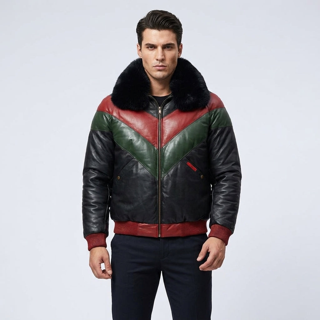 Men’s Stylish Multicolor V-Bomber Leather Jacket – Quilted Streetwear Style