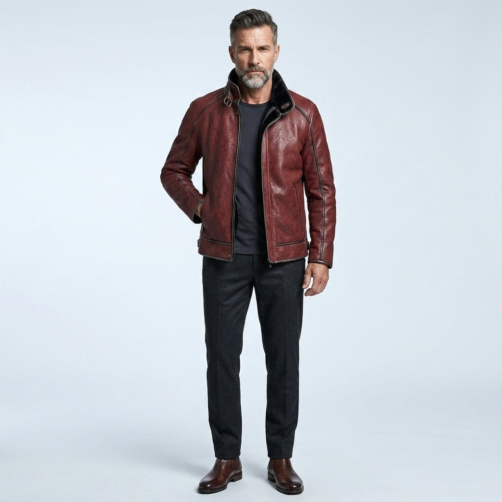 Men’s Maroon Sheepskin Shearling Aviator Jacket
