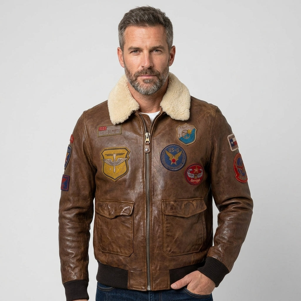 Men’s Stylish Brown Aviator Pilot Sheepskin Jacket