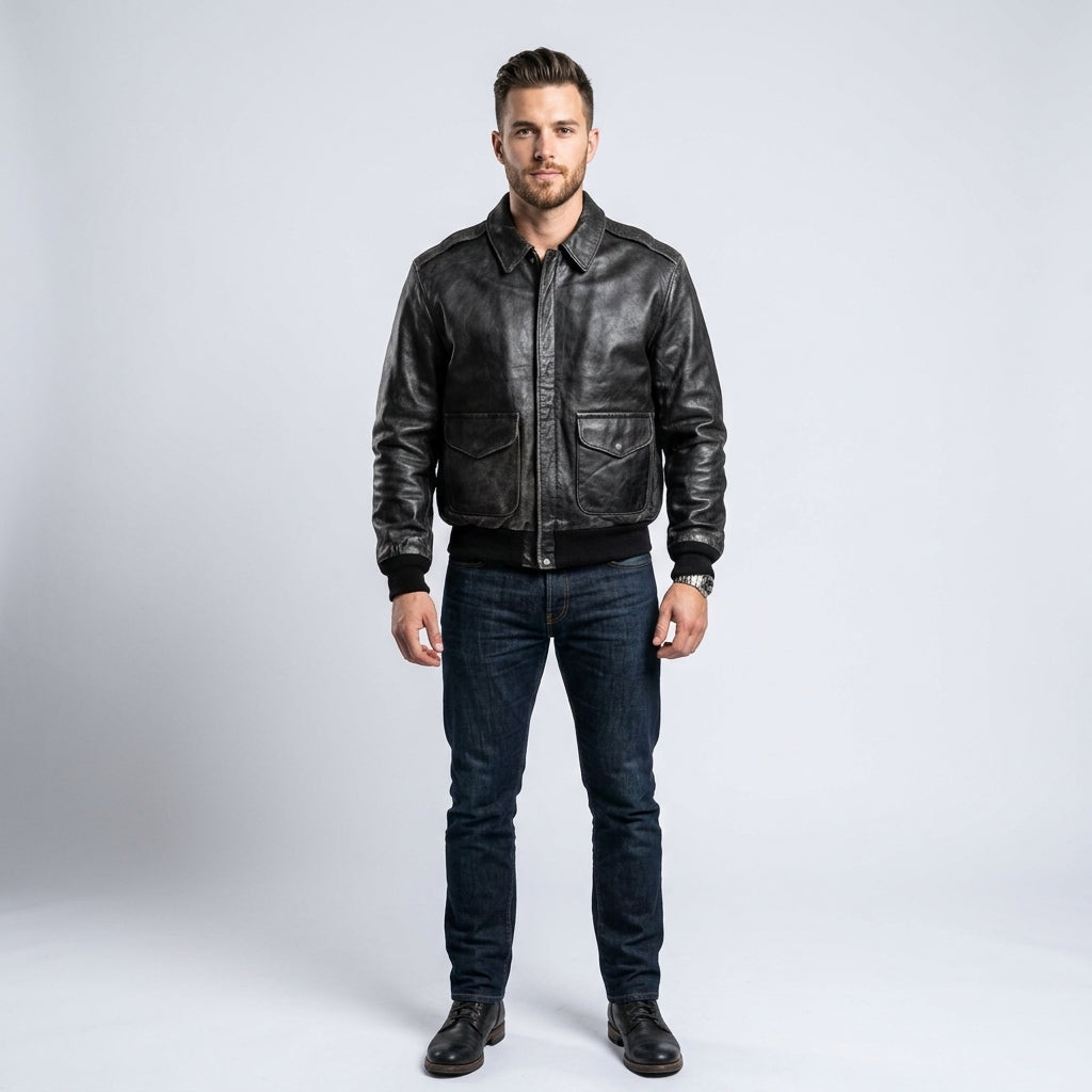 Men’s 80s A2 Flight Vintage Military Leather Jacket – Black Aviator Style