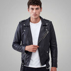 Men’s Black Leather Biker Jacket – Classic Moto Rider Style