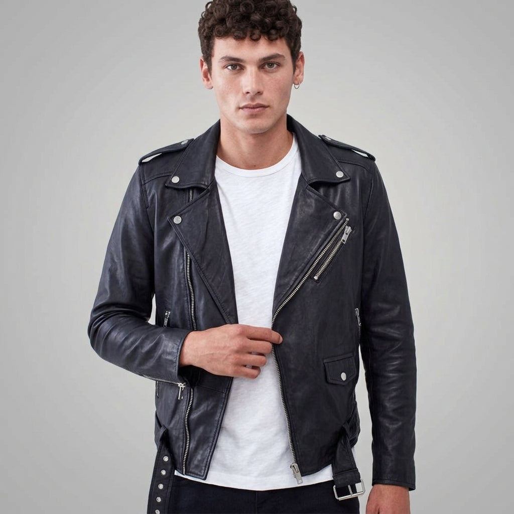 Men’s Black Leather Biker Jacket – Classic Moto Rider Style