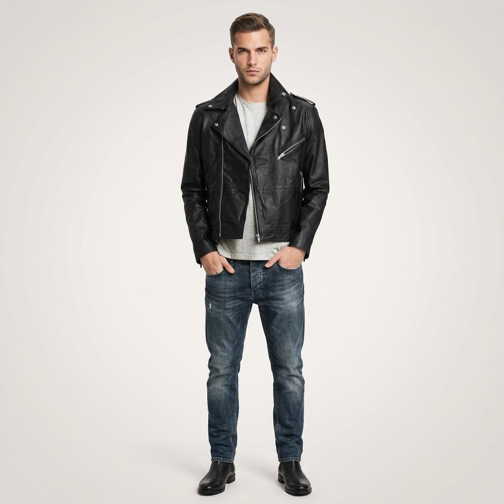 Men’s Black Leather Motorcycle Jacket – Classic Biker Riding Style