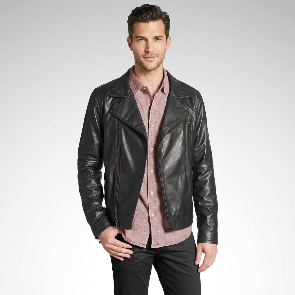 Men’s Modern Black Leather Jacket – Slim Fit Contemporary Style