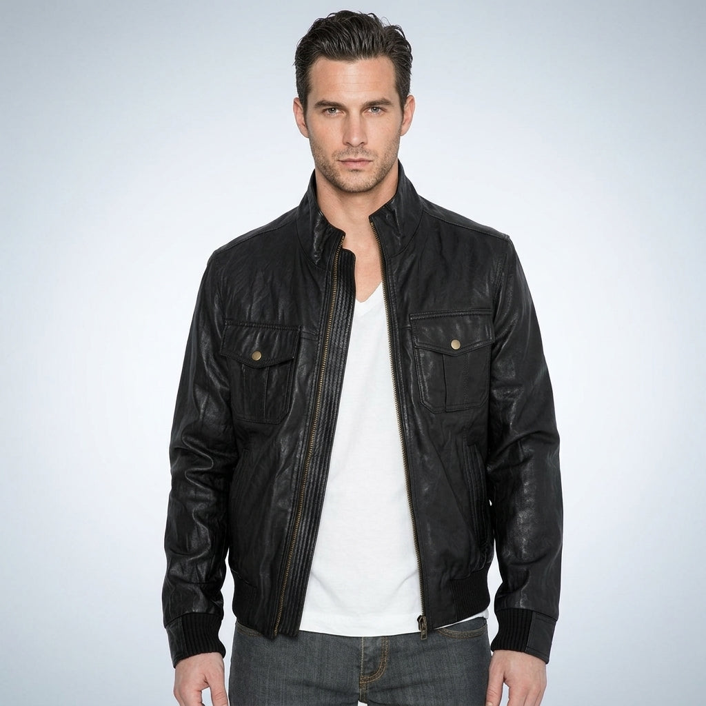 Men’s Fitted Black Leather Bomber Jacket – Slim Fit Classic Style