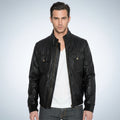 Men’s Fitted Black Leather Bomber Jacket – Slim Fit Classic Style
