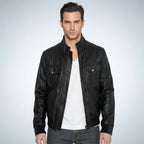 Men’s Fitted Black Leather Bomber Jacket – Slim Fit Classic Style