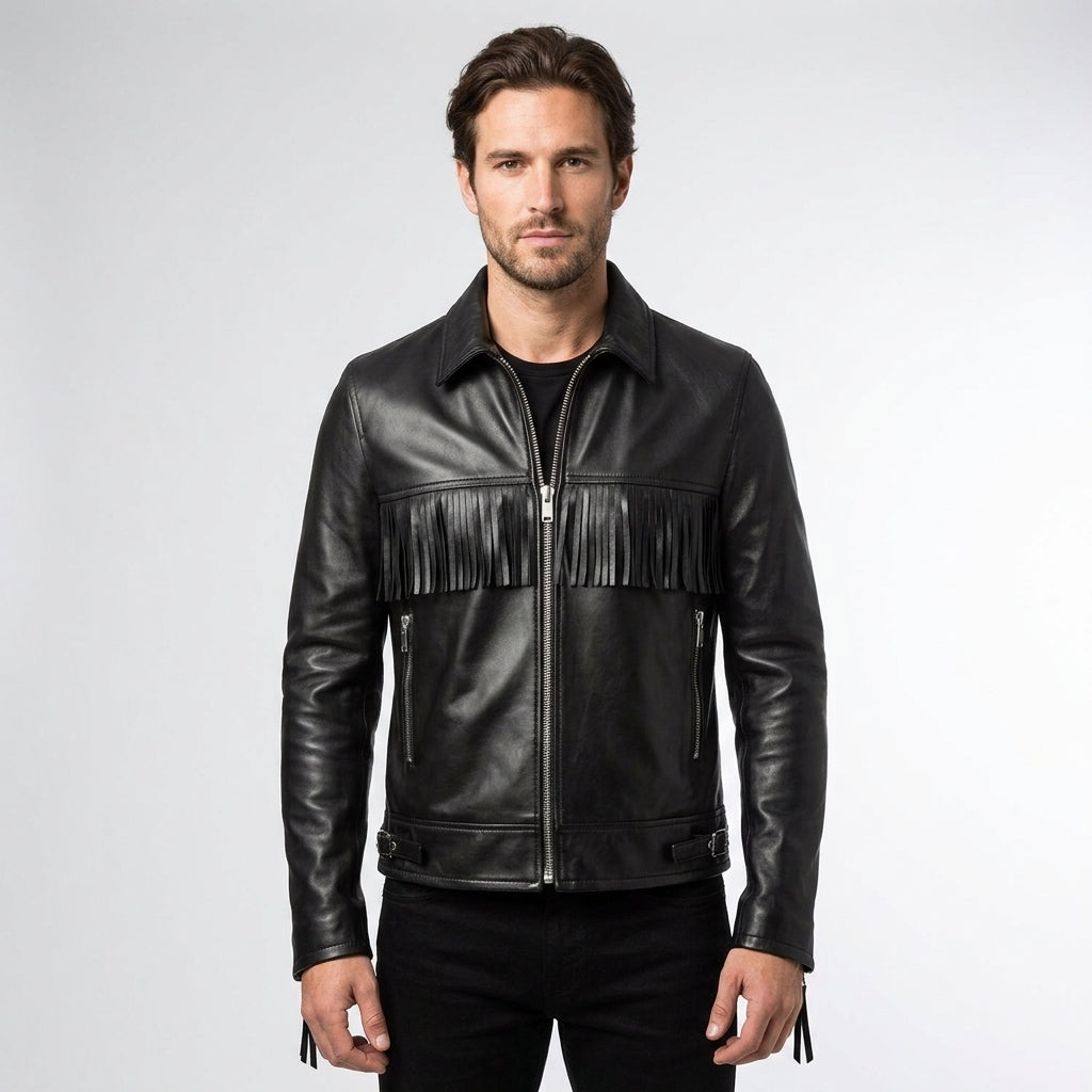 Men’s Handmade Black Western Fringe Leather Jacket