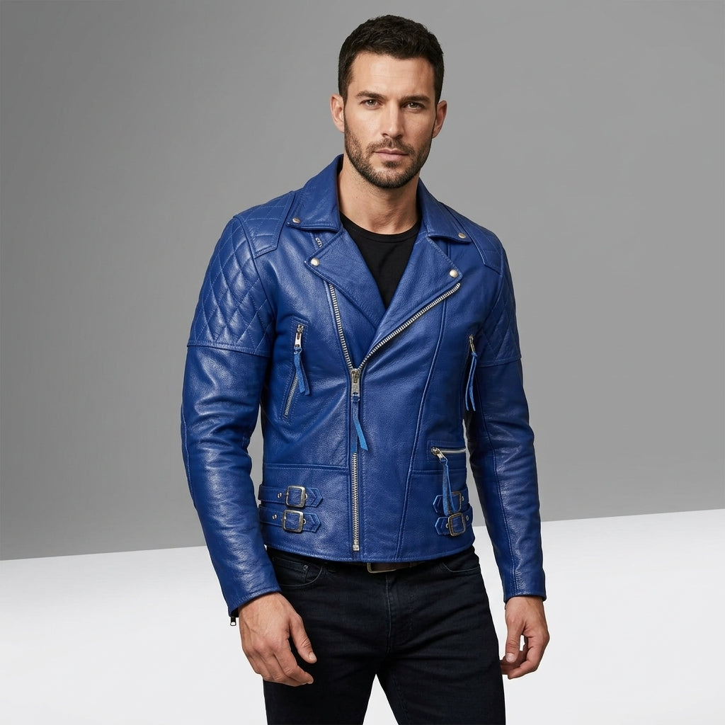 Men’s Royal Blue Café Racer Leather Jacket
