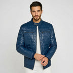 Men’s Blue Leather Jacket – Stylish Slim Fit Casual Biker Style