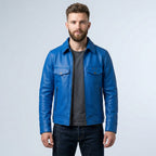 Men’s Blue Trucker Style Café Racer Motorcycle Jacket