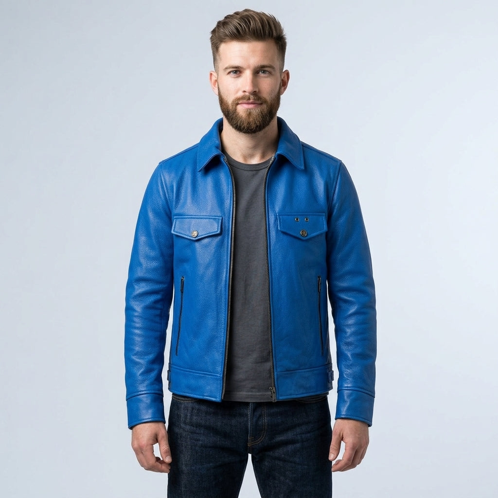 Men’s Blue Trucker Style Café Racer Motorcycle Jacket
