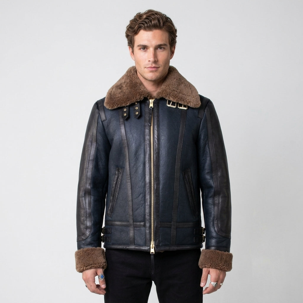 Men’s Blue Sheepskin Shearling Jacket – Premium Aviator Winter Style