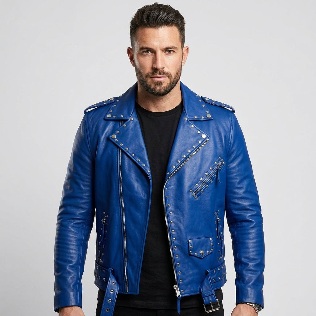 Men’s Studded Blue Leather Biker Jacket – Slim Fit Moto Style