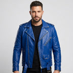 Men’s Studded Blue Leather Biker Jacket – Slim Fit Moto Style
