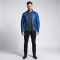 Men’s Blue Leather Racing Jacket – Bold Stripe Moto Style