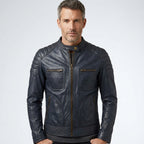 Men’s Navy Leather Moto Jacket – Slim Fit Modern Biker Style