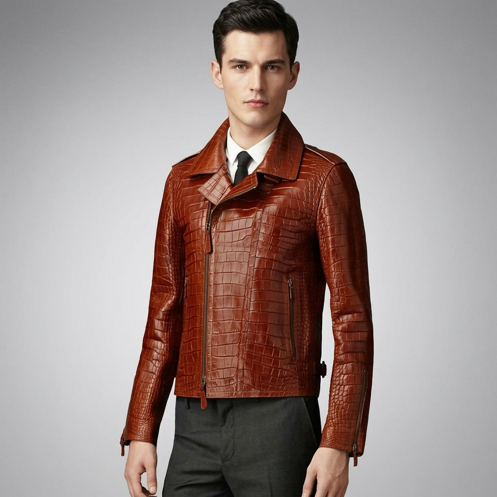 Men’s Brown Croc Leather Biker Jacket – Exotic Textured Moto Style