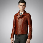 Men’s Brown Croc Leather Biker Jacket – Exotic Textured Moto Style