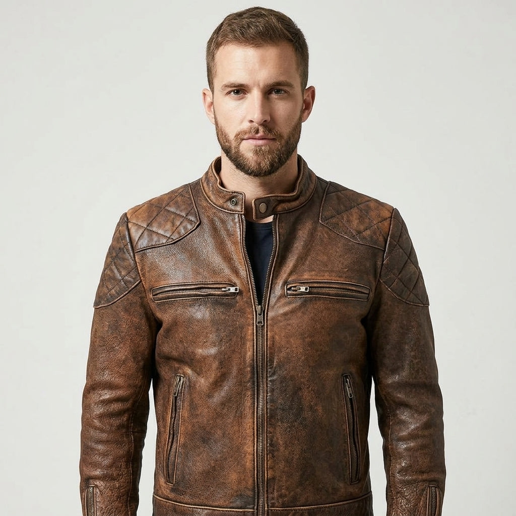 Men’s Brown Leather Café Racer Biker Jacket