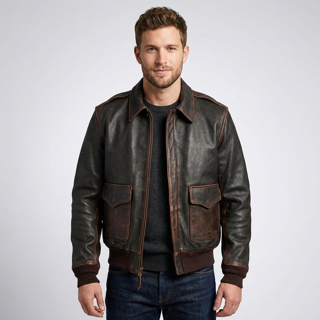 Men’s Brown Aviator Pilot Leather Bomber Jacket