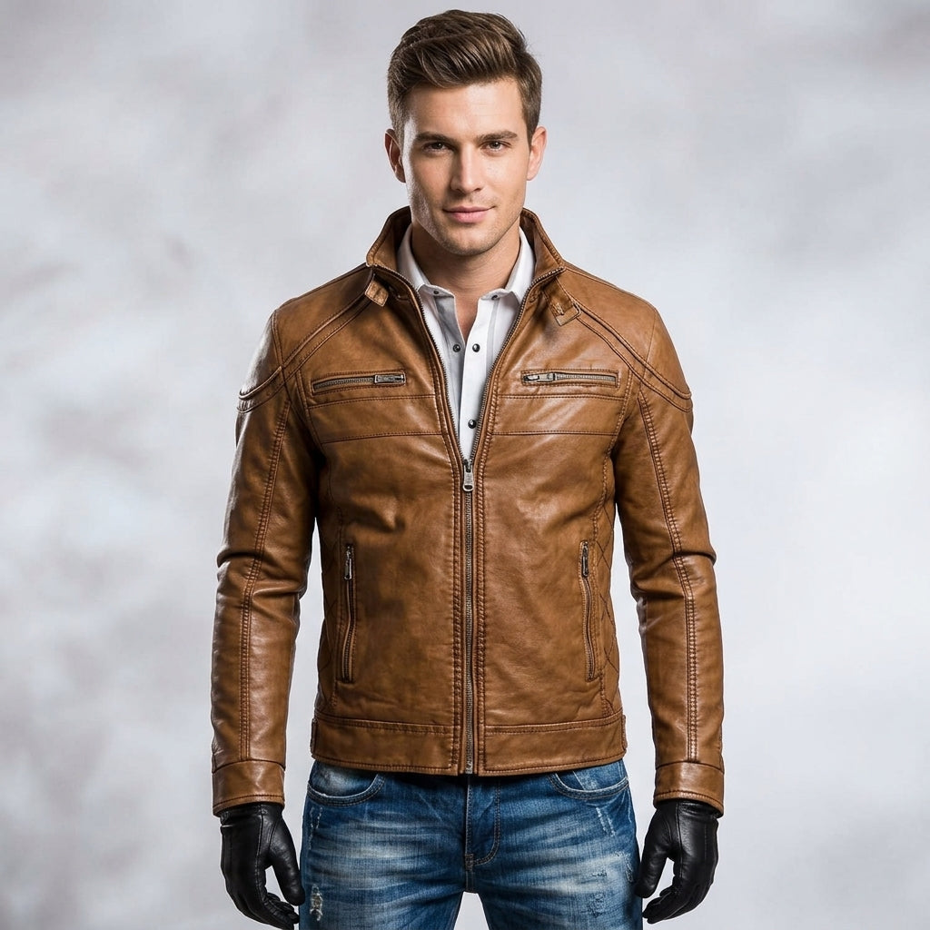 Men’s Brown Leather Biker Jacket – Classic Moto Rider Style