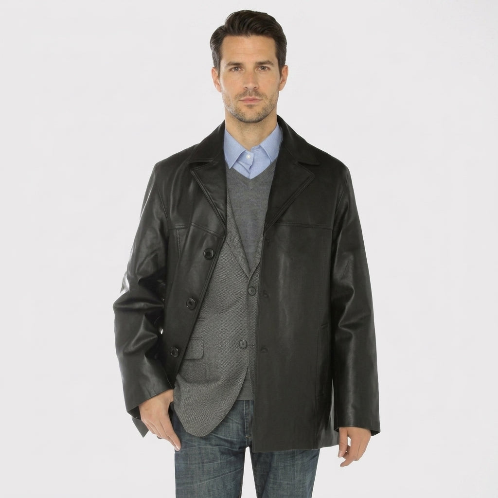 Men’s Black Lambskin Leather Overcoat Blazer Jacke