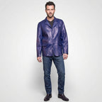 Men’s Classic Blue Leather Blazer Jacket – Slim Fit Smart Casual Style