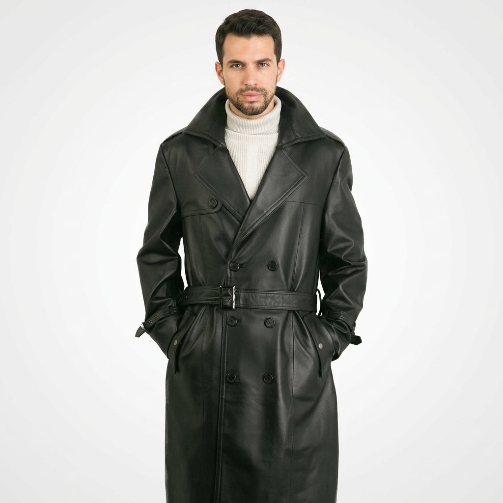 Men’s Genuine Leather Trench Coat – Classic Longline Premium Style