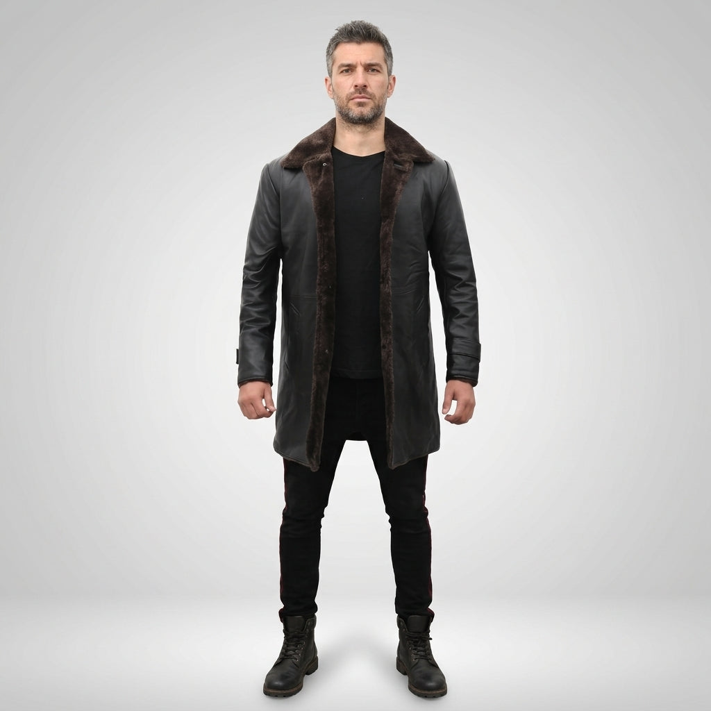 Men’s Black Leather Trench Coat with Shearling Lining