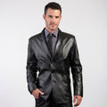 Men’s Three-Button Black Leather Blazer Coat