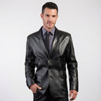 Men’s Three-Button Black Leather Blazer Coat