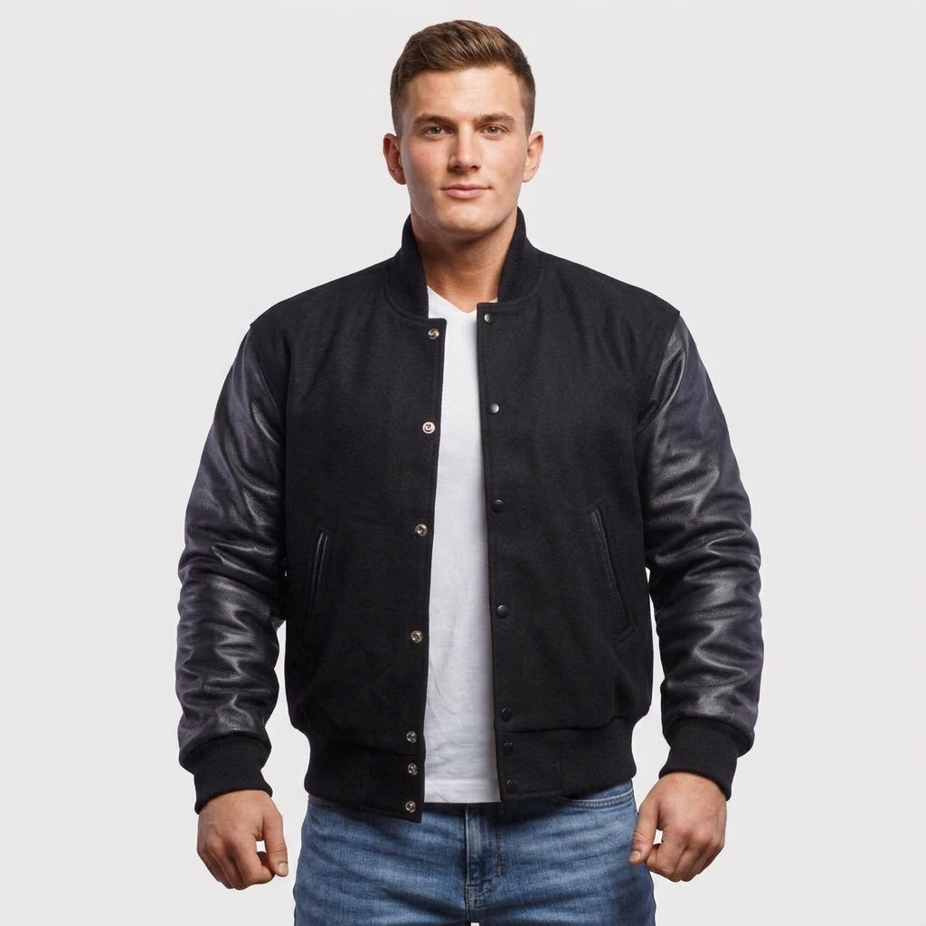 Stylish Black Wool & Leather Letterman Jacket – Premium Men's Varsity Jacket