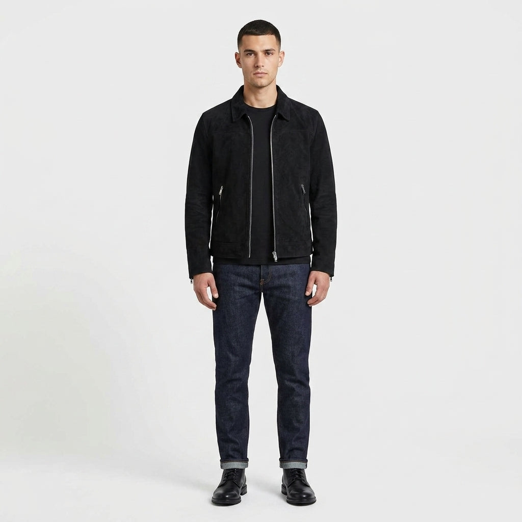 Men’s Black Suede Leather Trucker Jacket