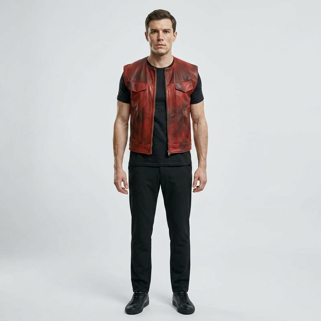 Men’s Vintage Red Leather Biker Vest