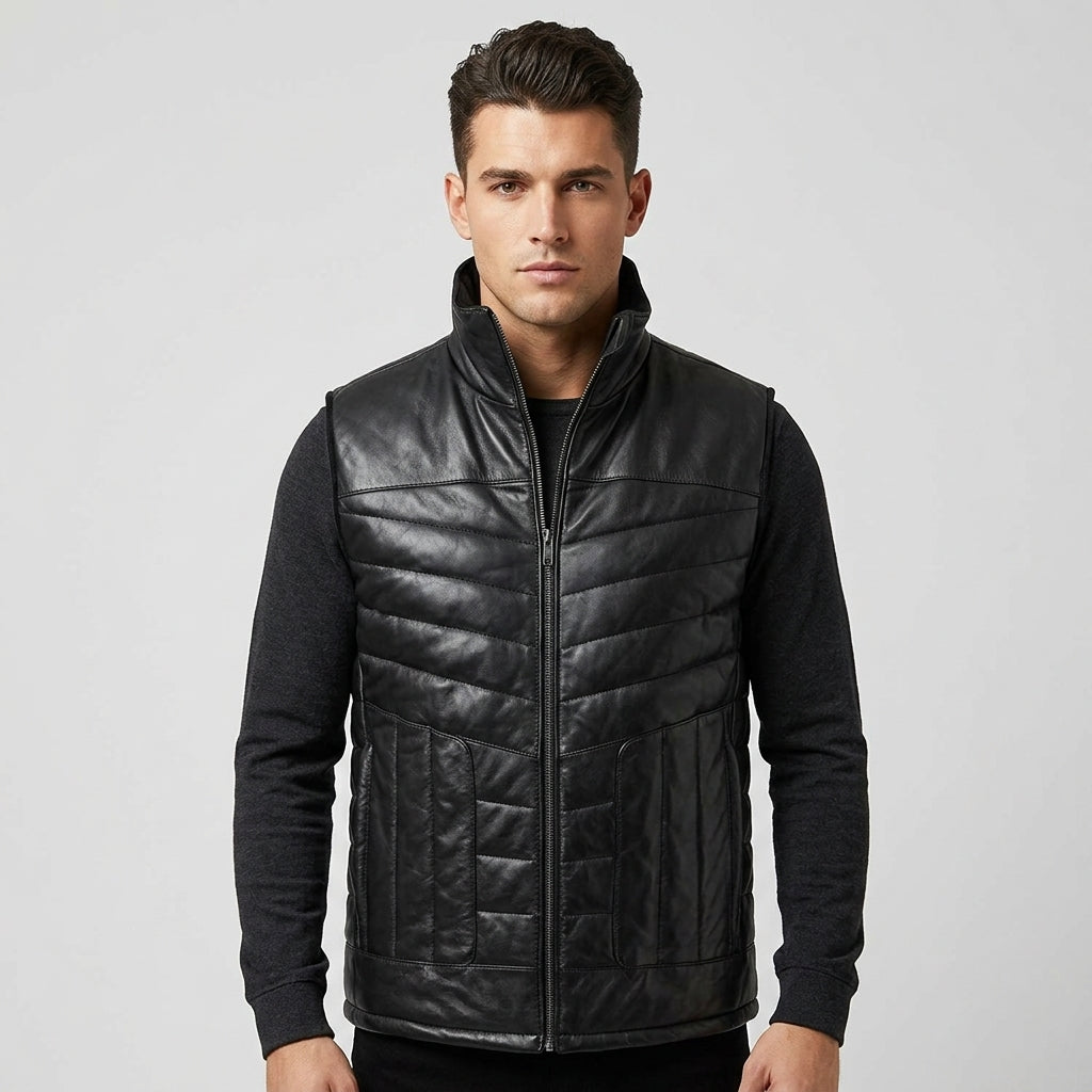 Men’s Black Quilted Leather Puffer Vest