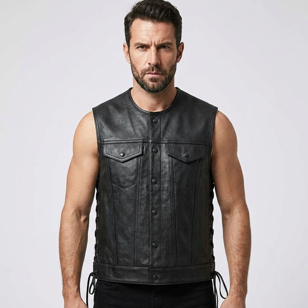 Men’s Black Sheepskin Leather Biker Vest