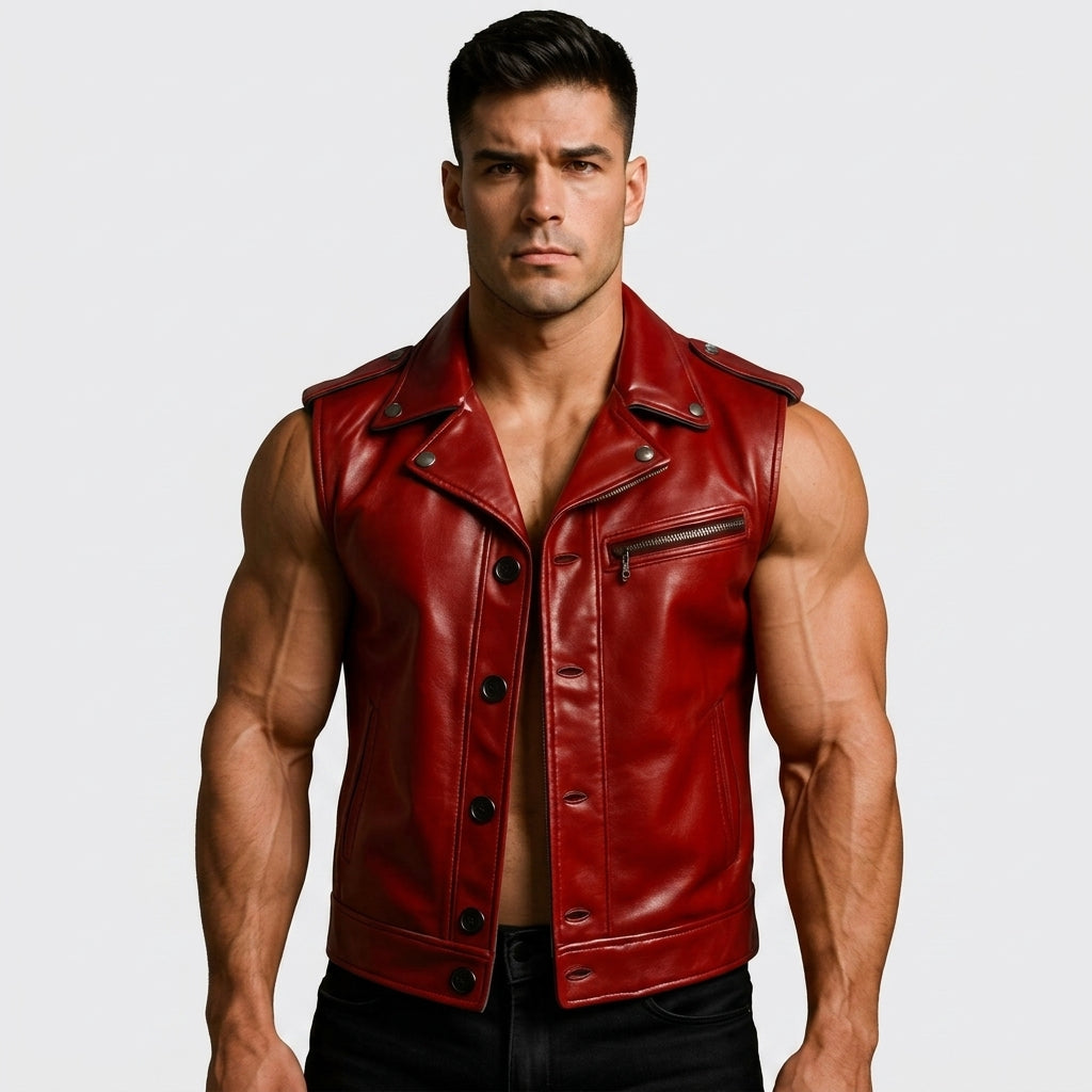 Men’s Red Genuine Leather Biker Vest