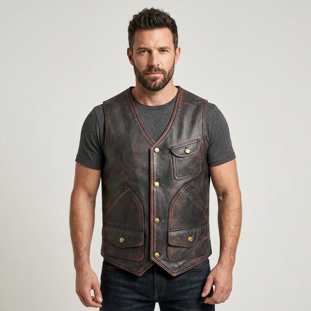 Men’s Vintage Black & Red Leather Vest