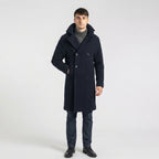 Men’s Dark Blue Fleece Peacoat – Classic Double-Breasted Winter Coat