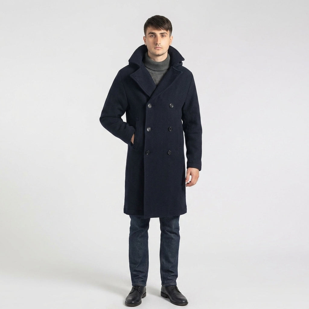 Men’s Dark Blue Fleece Peacoat – Classic Double-Breasted Winter Coat
