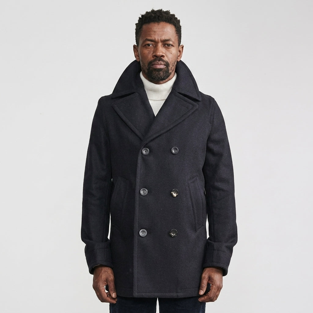 Men’s Dark Navy Fleece Peacoat – Classic Double-Breasted Winter Coat