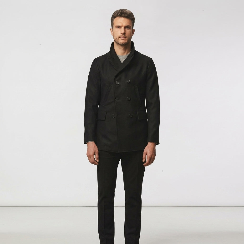 Men’s Black Navy Fleece Peacoat – Classic Double-Breasted Winter Coat