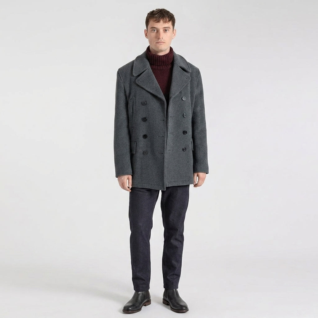 Men’s Grey Wool Peacoat – Classic Double-Breasted Winter Coat