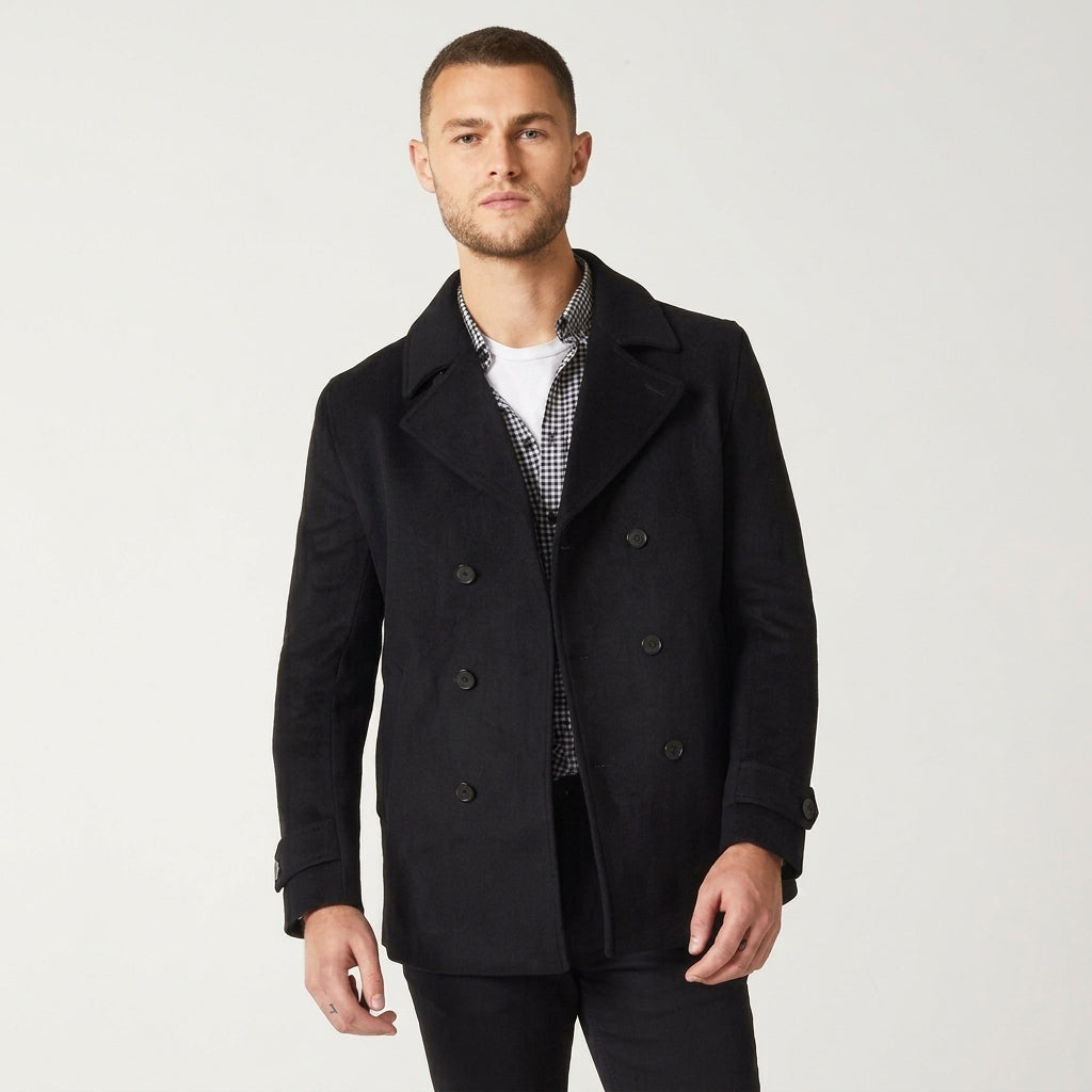 Men’s Black Navy Wool Peacoat – Classic Double-Breasted Winter Coat