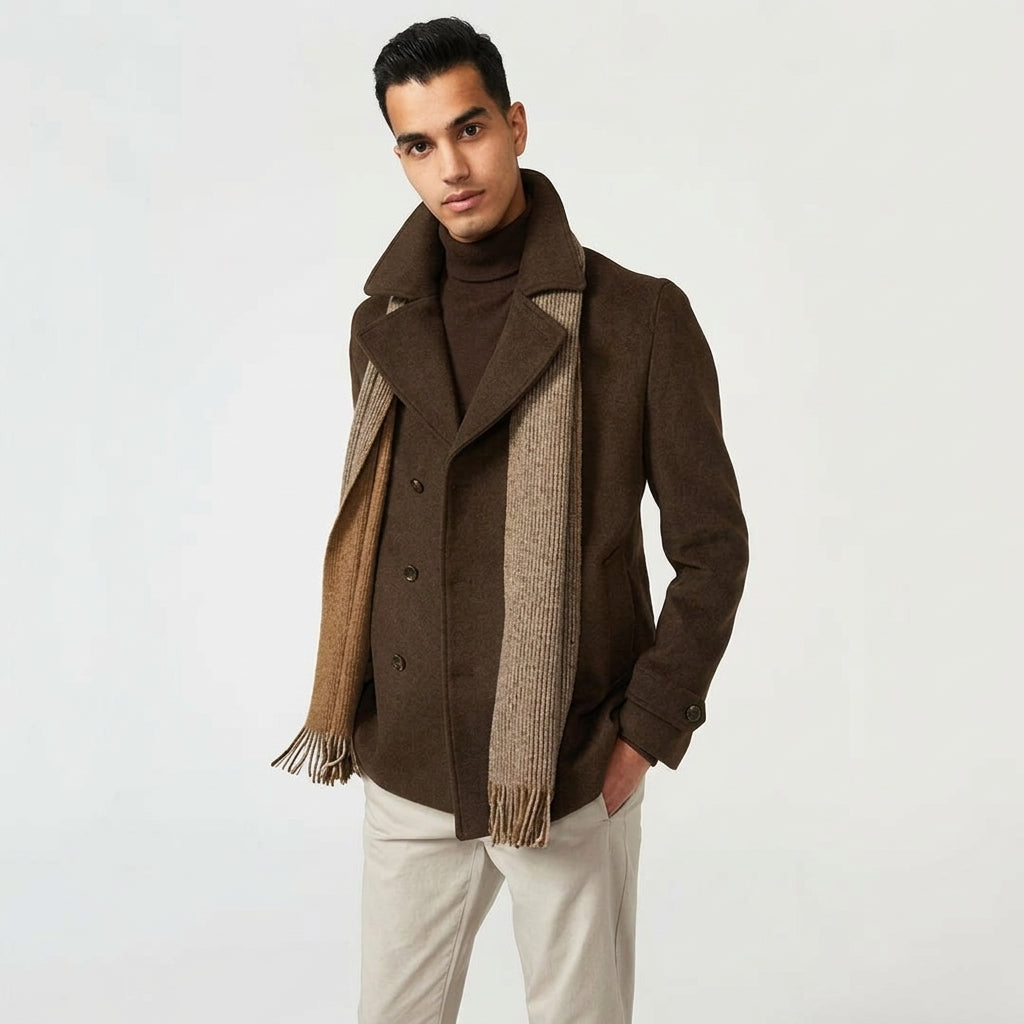 Men’s Brown Fleece Peacoat – Classic Double-Breasted Winter Coat