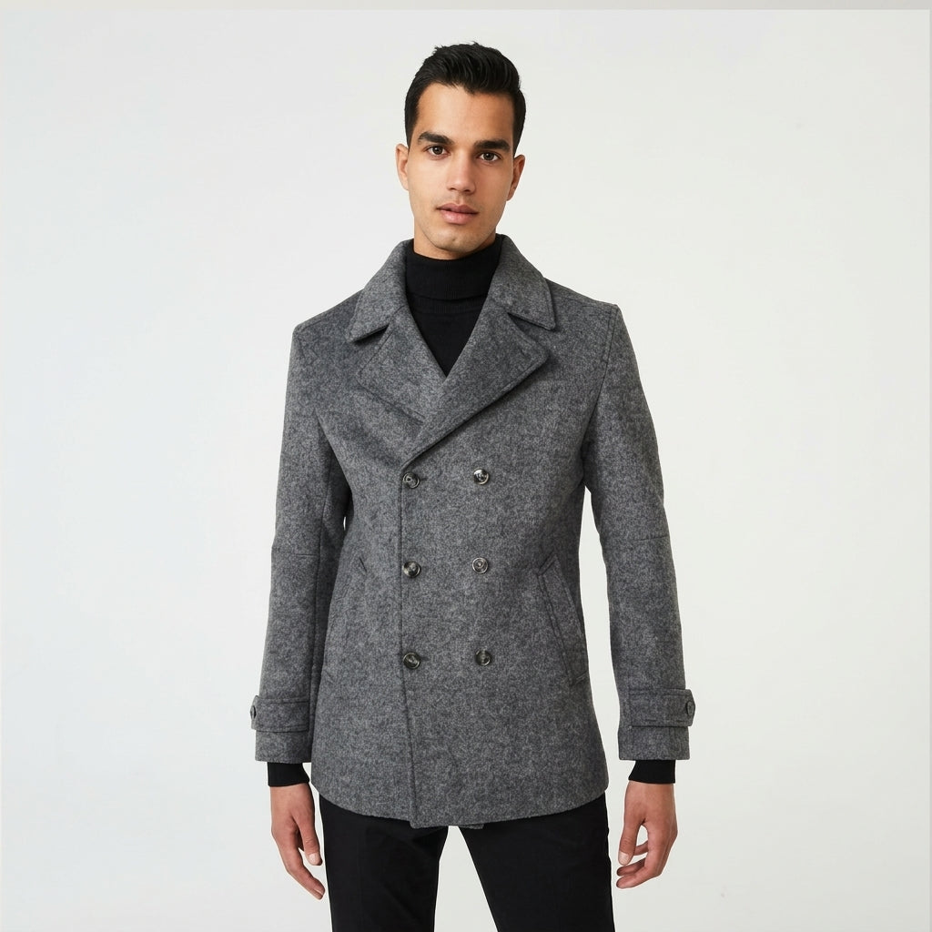 Men’s Grey Marle Fleece Peacoat – Classic Double-Breasted Winter Coat