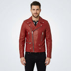 Men’s Red Real Leather Biker Jacket – Bold Slim Fit Moto Style
