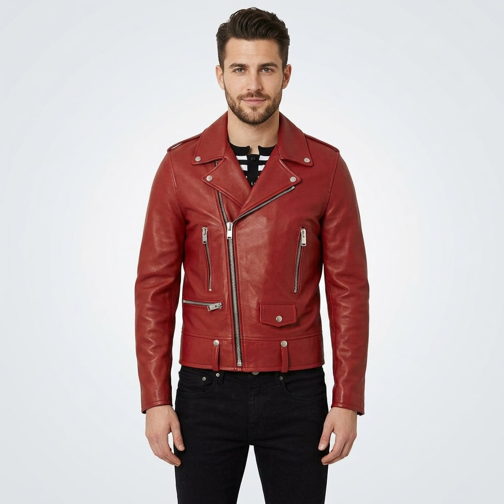 Men’s Red Real Leather Biker Jacket – Bold Slim Fit Moto Style