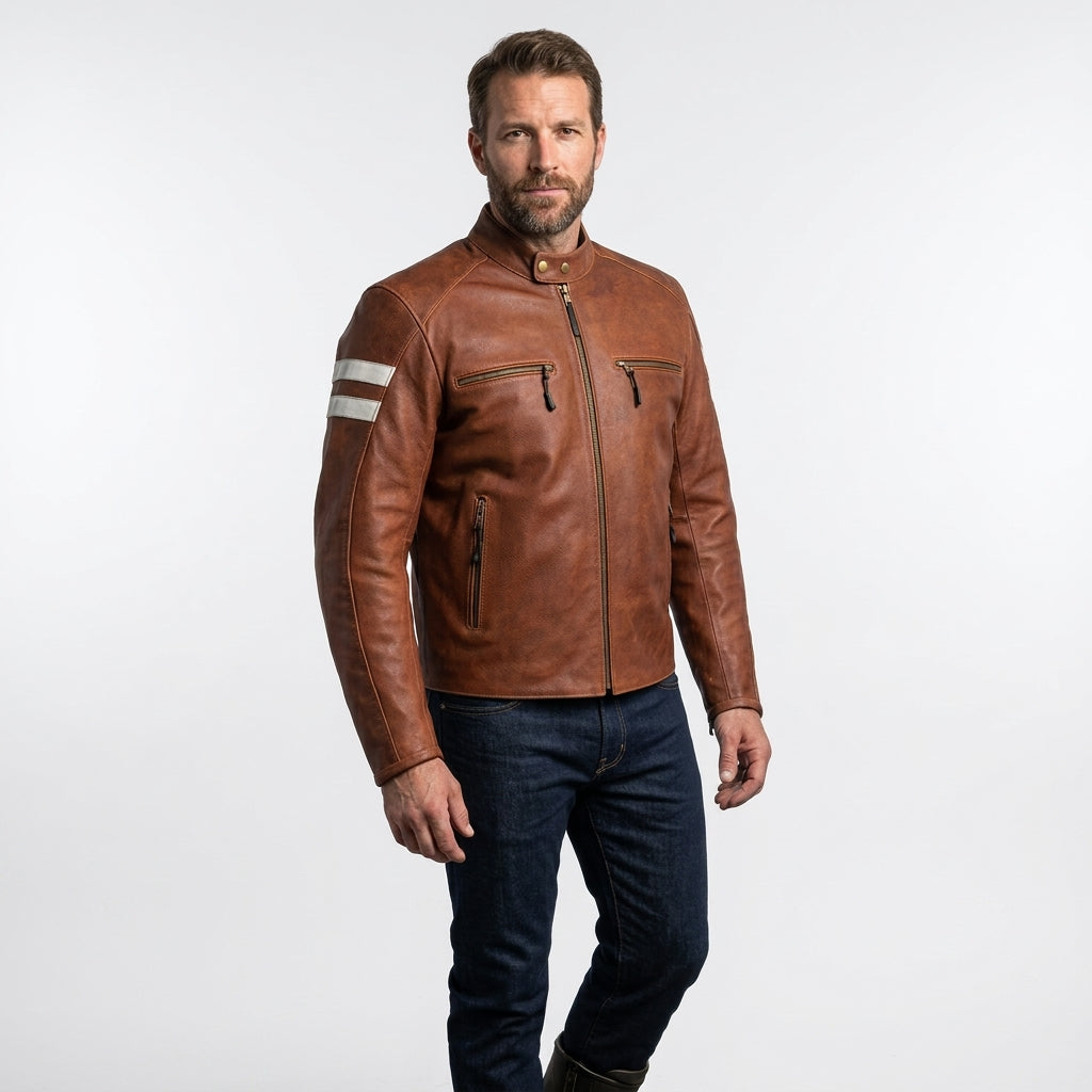 Men’s Red Leather Motorcycle Biker Jacket – Slim Fit Moto Style